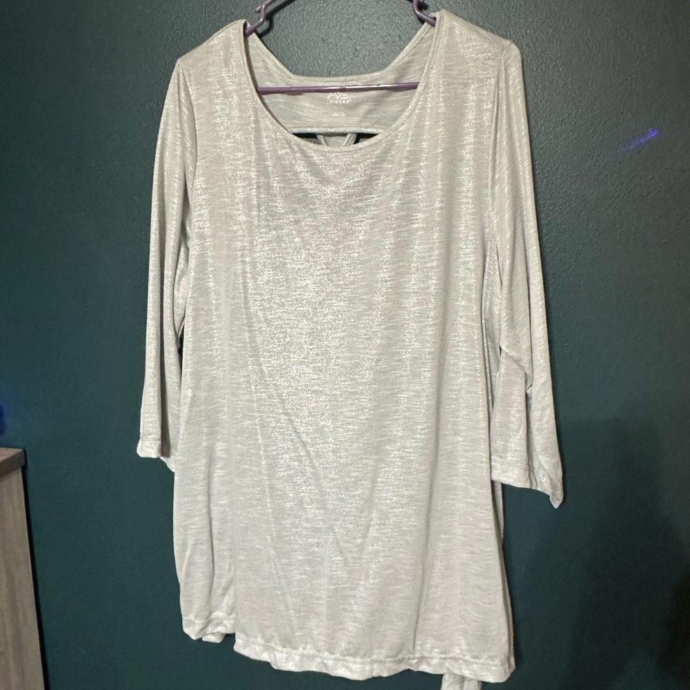Relaxed Silver Tunic with Wide Scoop Neck and Long Sleeves